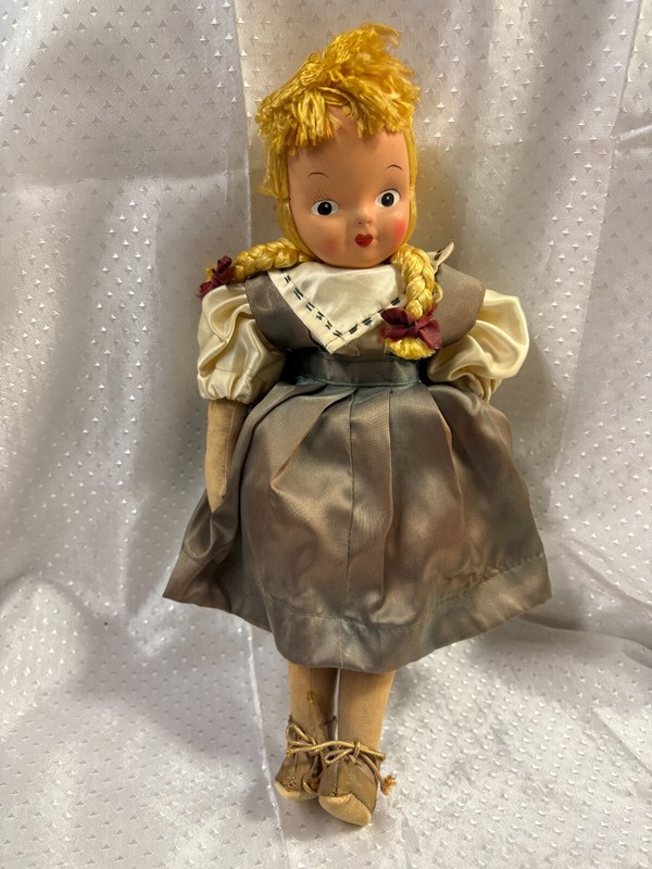 Vintage Polish Rag Sawdust Doll, Bright Blonde Hair, Satin Dress