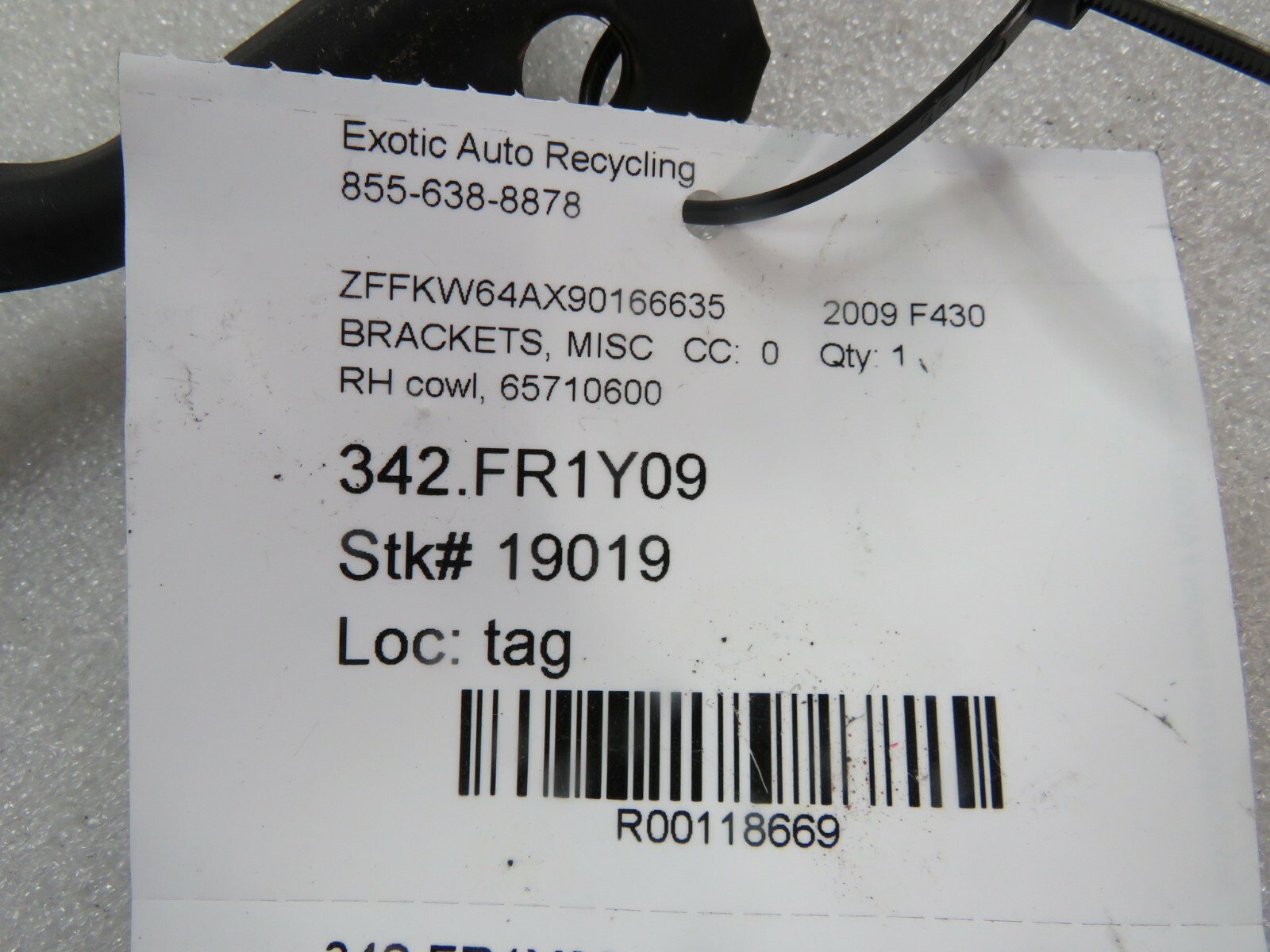 Ferrari F430, RH, Right Cowl Bracket, Used, P/N 65710600