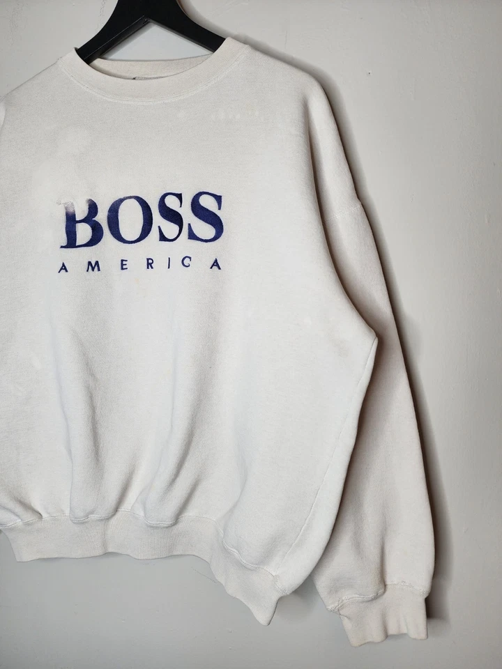 Sudadera Vintage Años 90 Boss America Cuello Redondo Blanca Bordada Talla XL Foto 2 de 4