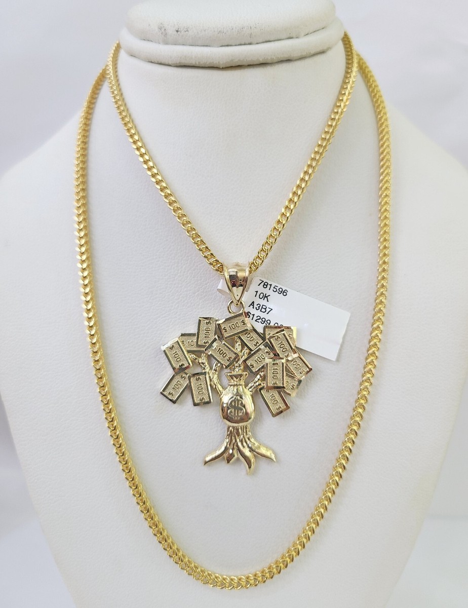 10K Franco Chain Money Tree Pendant Charm Necklace 20