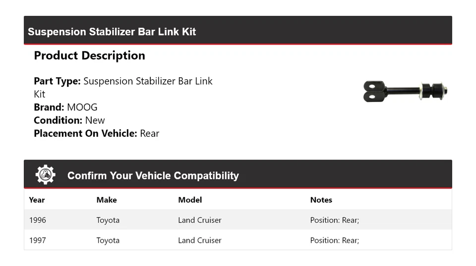Para 1996-1997 Toyota Land Cruiser Estabilizador de Suspensão Barra Link Kit Traseiro MOOG - Imagem 2 de 4