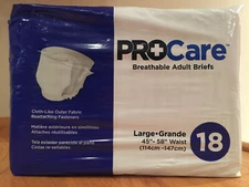 Procare Breathable Adult Briefs Diapers Large 45" - 58" Waist - 18 Count ~ NEW