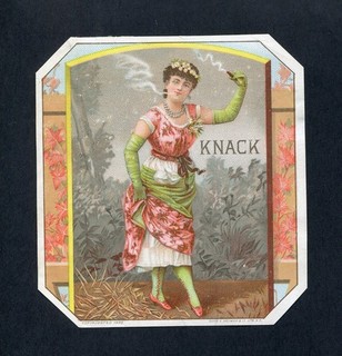 RARE Old Original KNACK Cigar Label FINELY DRESSED WOMAN ENJOYING A CIGAR