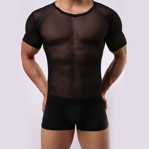 Men Soft Casual Transparent Mesh Short Sleeve Round Neck Slim Tops T-Shirt Tee - Picture 10 of 19
