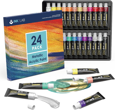 INK LAB Metallic Acrylfarben Set 24 Tuben Ungiftig Metallic Acryl Basteln...