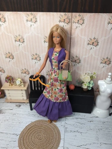 Vintage Barbie Clone Outfit - Floral Maxi Dress, Custom Purse, Wedge Shoes +