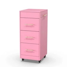 Pink Salon Trolley Cart with 3 Drawers & Hot Tool Holders, Lockable Wheels