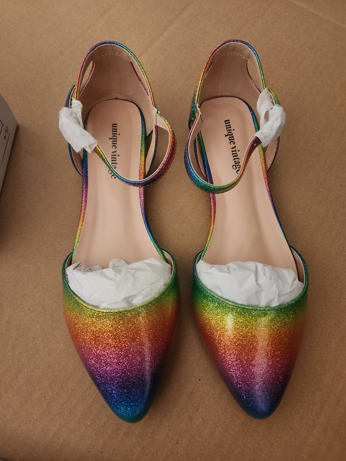 Unique Vintage strappy plastic/vinyl women's flats with rainbow design