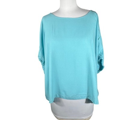 Zenana Dolman Sleeve Ruched Blouse Turquoise Rayon Boat Neck Boxy Oversize Small