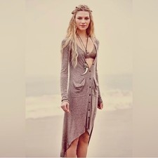 Free People FP Beach Boho Ribbed Maxi Cardigan Light Cotton Duster Dress Gray S