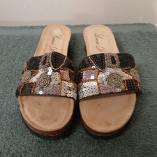 Lorraine Ladies Slider Mules Sequined Detail Size 6 Leather Wedges Silver Black