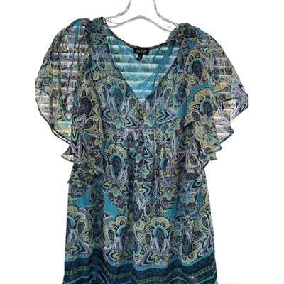 Apt 9 Womens Small Teal Paisley Flutter Sleeve Metallic Stripe V-Neck Blouse