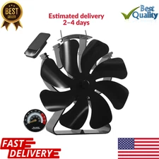 Heat Powered Wood Stove Fan 8 Blade Non Electric Fireplace Fan + Thermometer Aro
