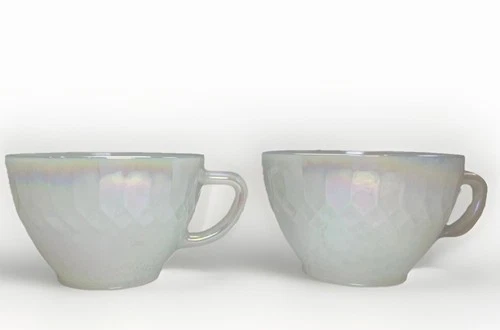 Vintage Federal Glass Moonglow Iridescent Milk Glass Teacups Diamond Point