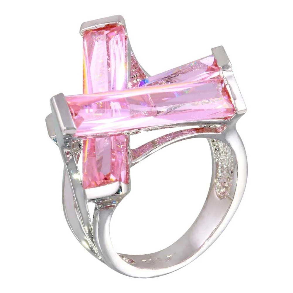 925 Sterling Silver Rhodium Plated 3 Pink Baguette CZ Ring