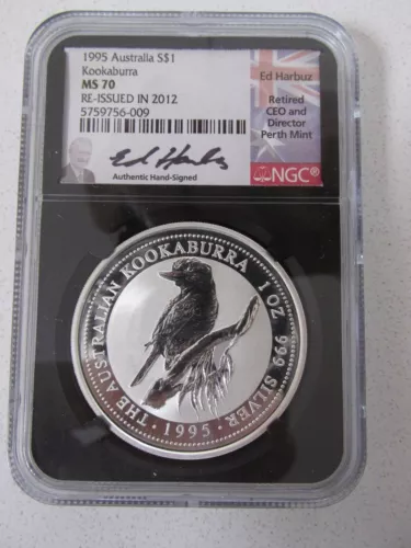 1995 Australia S$1 Kookaburra NGC MS 70 "Re-Issued in 2012" Ed Harbuz Signed
