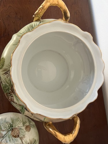 "Sopa Johann Haviland 14X12"" con tapa de cono de pino cubierta dorada Alemania TT - Imagen 9 de 9
