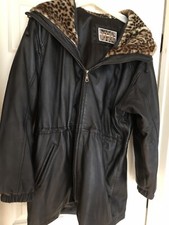 Women's Black Leather With Leopard Faux Fur Hoodie Size M