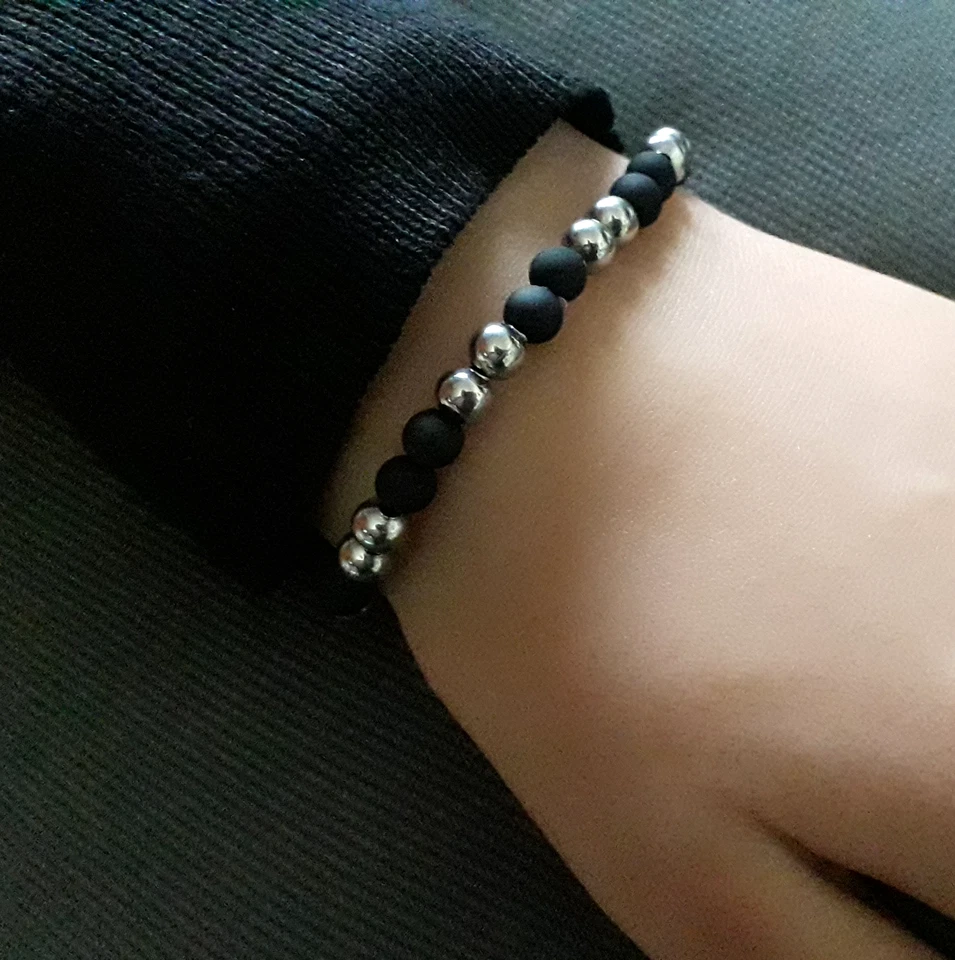 Bracciale Perle NERO opaco e Argento in ACCIAIO INOX da Uomo Donna braccialetto - Immagine 2 di 4