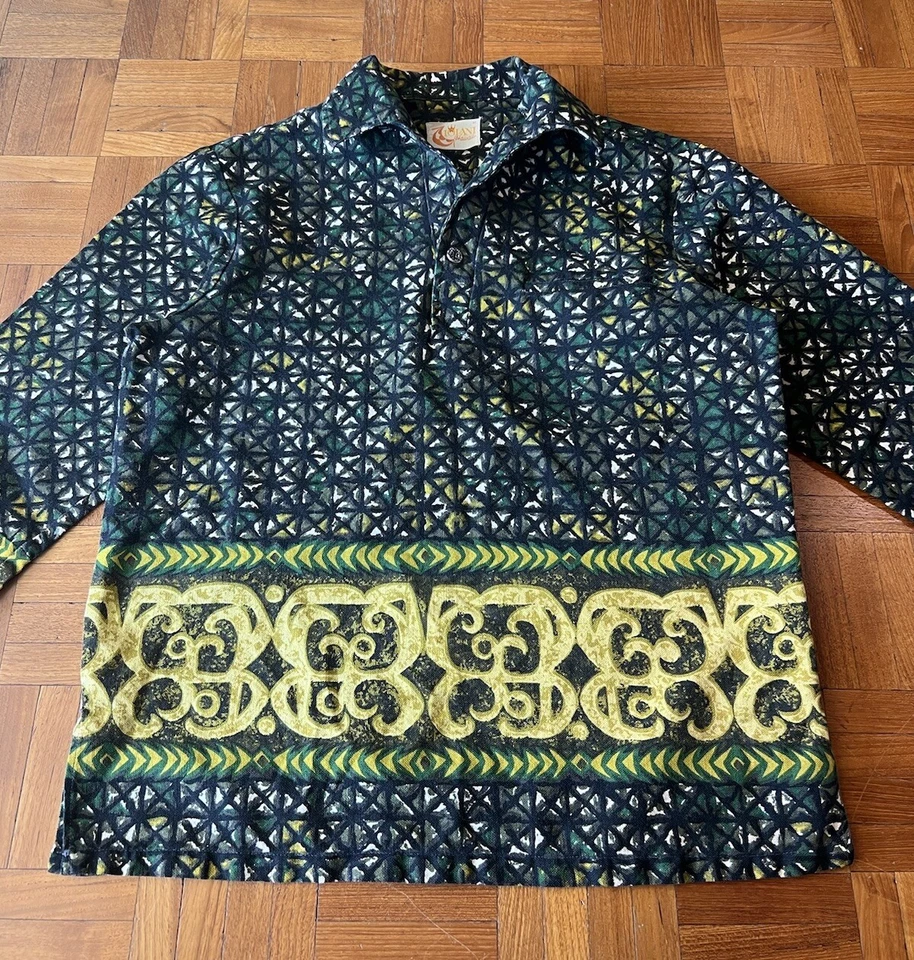 Vintage Iolani Men's Hawaiian Aloha Shirt 60s 70s Tribal Swirl Green 3/4 Sleeve - Image 2 of 4