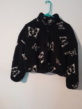 WILD FABLE FLUFFY JACKET SZ S/CH WHITE BUTTERFLIES ON BLACK SHORT BOMBER