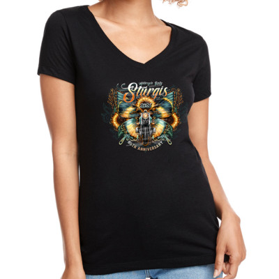 Ladies Jr. Cut 2025 Sturgis Motorcycle Rally Butterfly V-Neck Shirt No Harley