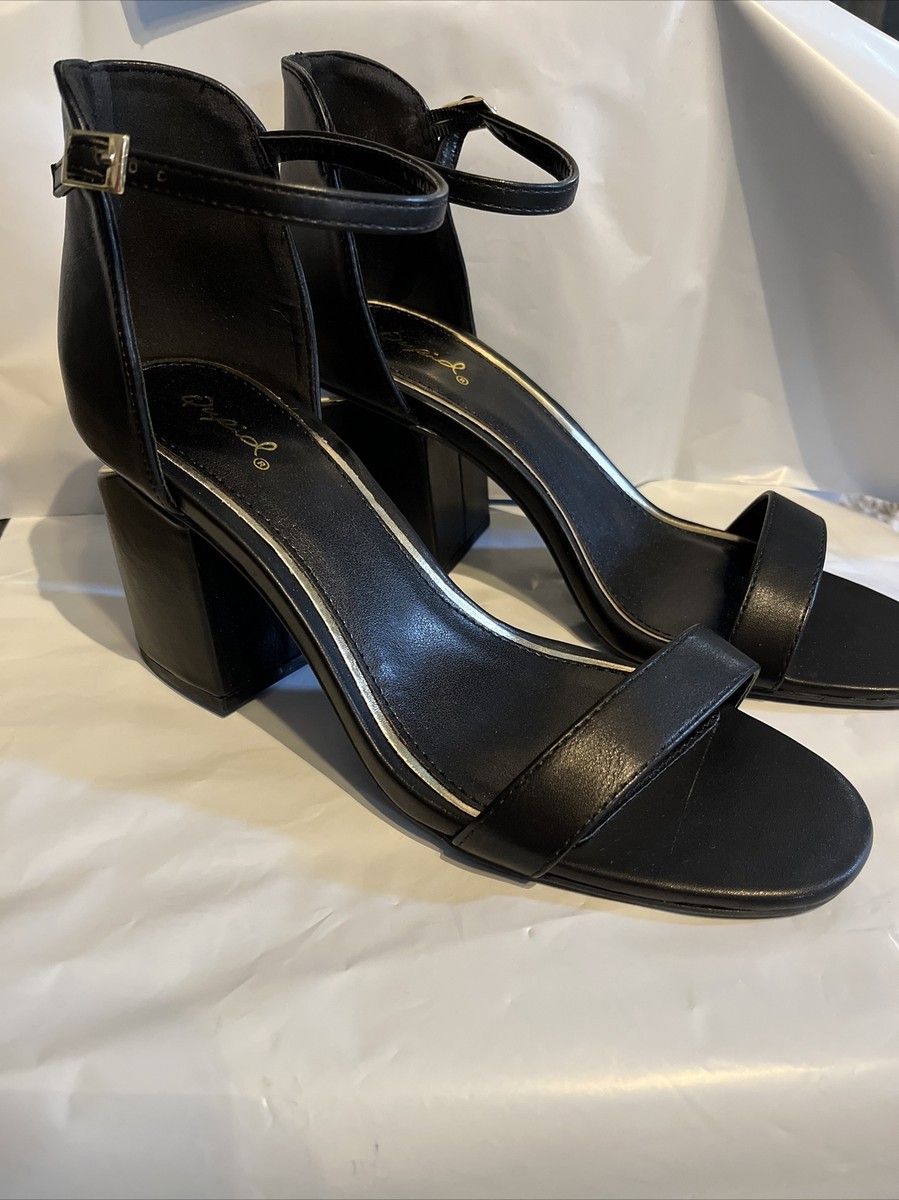 Qupid Women’s Black Dress Shoes Ankle Strap With Inch Heels Gold  Accents