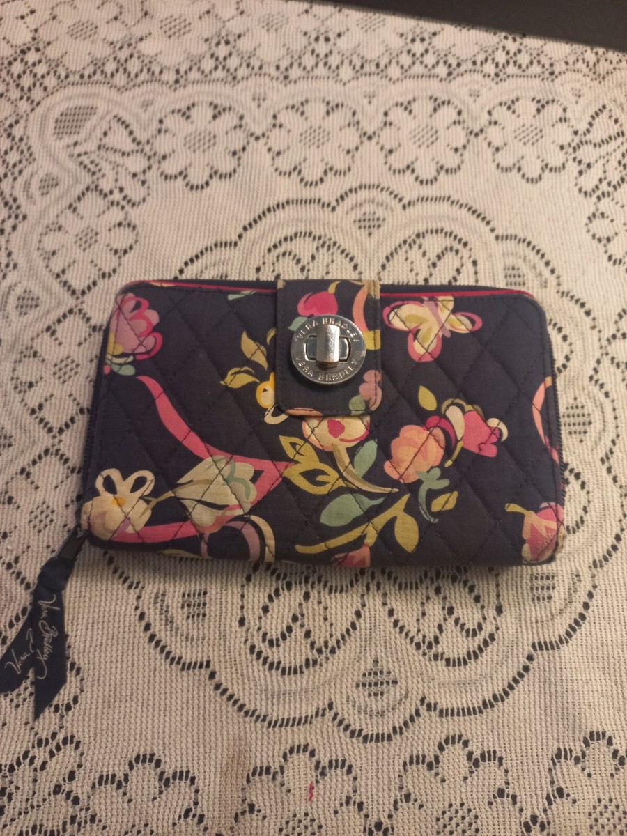 Vera Bradley Wallet Black Butterfly Turn Lock Zip Compartments