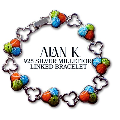 Alan K. 925 Silver Link Bracelet Murano Millefiori Art Glass Cabochon Clovers