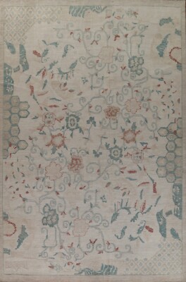 Vegetable Dye Ivory Geometric Oushak Turkish 10x14 Area Rug Handmade Wool Carpet