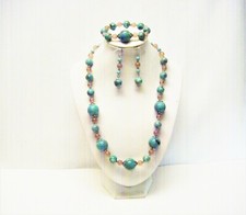 Smooth Round Turquoise Splatter Acrylic Bead Necklace/Bracelet Earrings Set