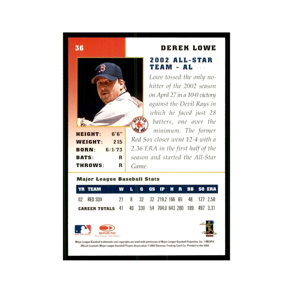 2003 Donruss Champions Derek Lowe Baseball Cards #36 - Image 2 of 3
