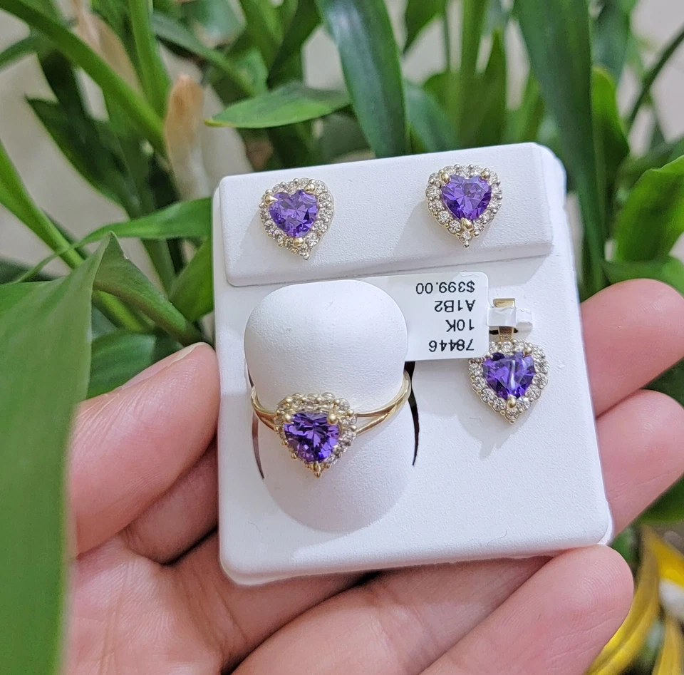 Real 10k Yellow Gold Ladies Earring Ring And Pendant Purple Heart Amethyst Set.  - Image 2 of 4