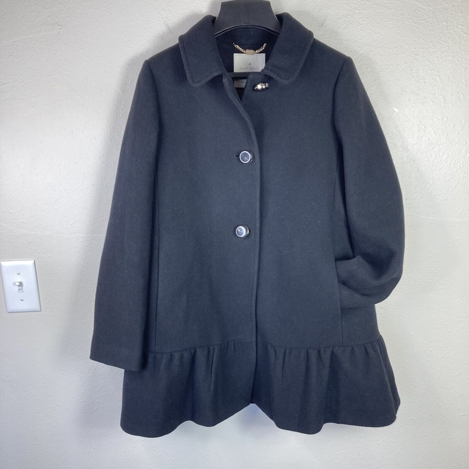 Kate Spade Black Wool Blend Peplum Pea Coat Jacket Women’s Size Small