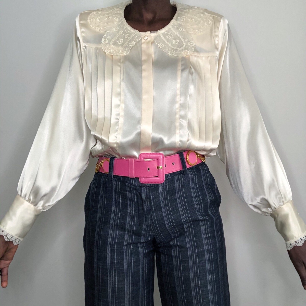 Vintage 1980s Oversized Lace Collar Jabot Ivory Satin Blouse