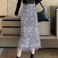 Fashion Lady Midi Velvet Skirt Sequin Fringe Tassel Slit Casual Banquet Cocktail