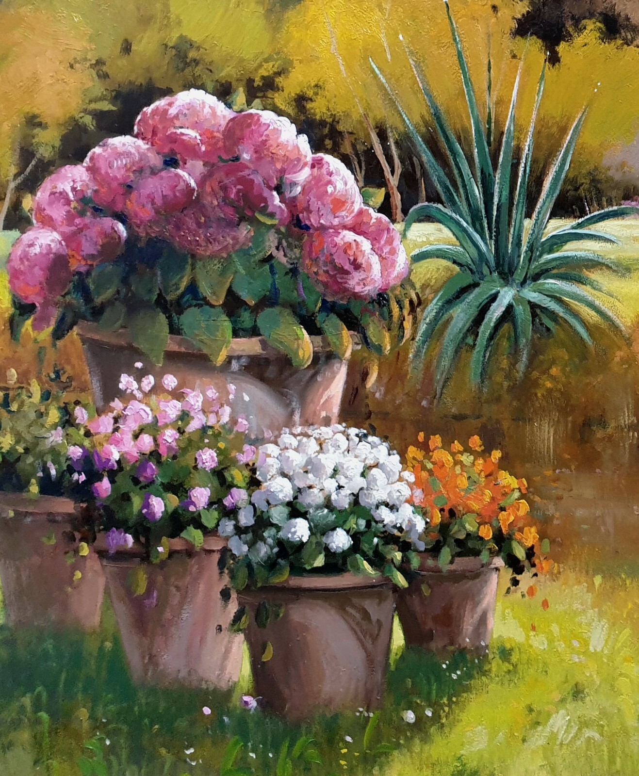 PAINTING "GARDEN WITH POND" OIL ORIGINAL PAINTER ANDREA BORELLA ITALIAN