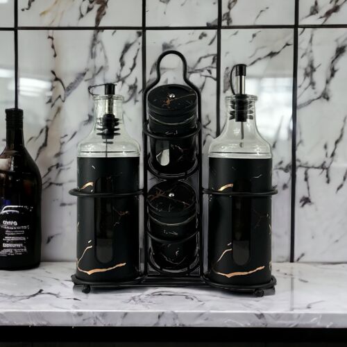 salt & pepper set with oil and vineger set black marble - Afbeelding 1 van 4