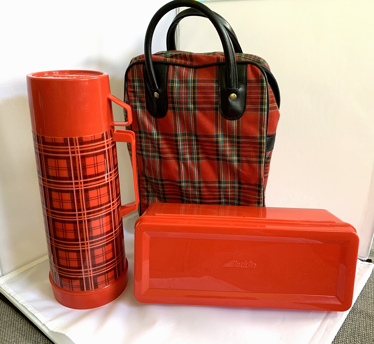 [美品]BOX COMP HATA JACKMAN Vintage Aladdin Red Tartan Plaid Picnic Set Qt Thermos Lunch Box