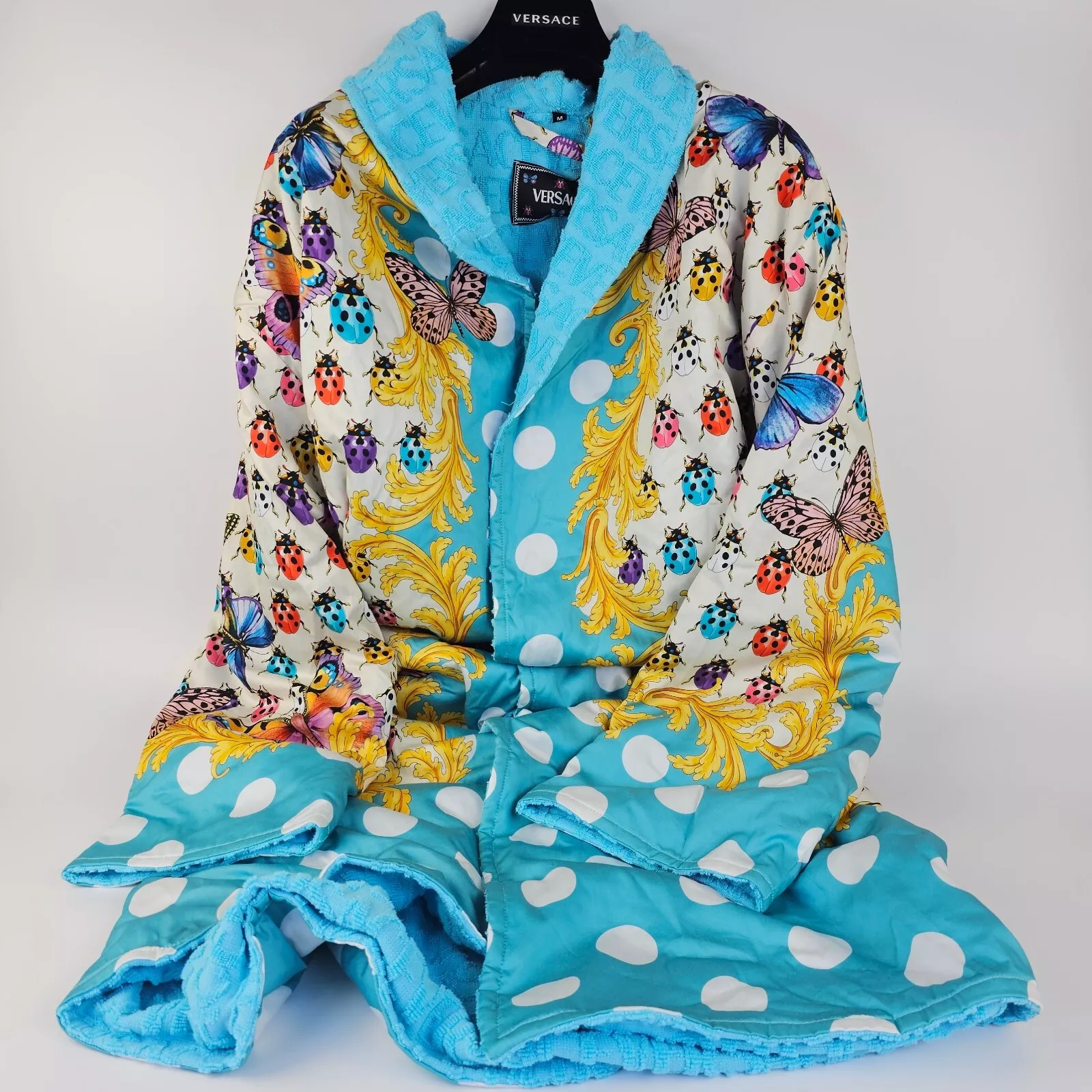 VERSACE Butterflies Baroque Azur Blue/Multicolor Unisex Long Bathrobe New