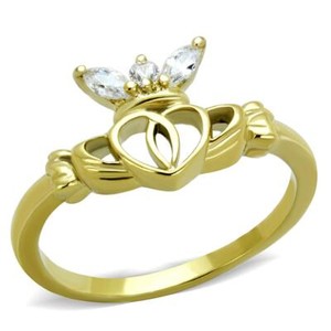 Authentic Gold Plated Filigree Heart Claddagh Ring Clear CZ TK316