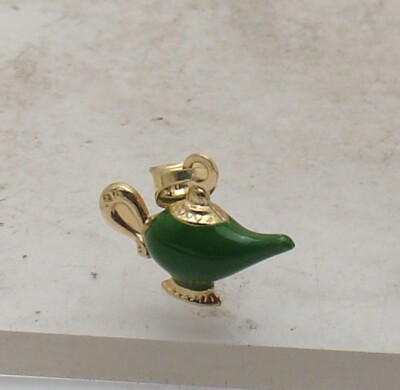 3D italienische grüne Aladdin Dschinn Teekanne Kerze Charm Anhänger echt 14K Gelbgold