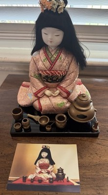 OTEMAE Kimekomi Japanese Doll in Kimono w/ Miniature Tea Set on Display Base
