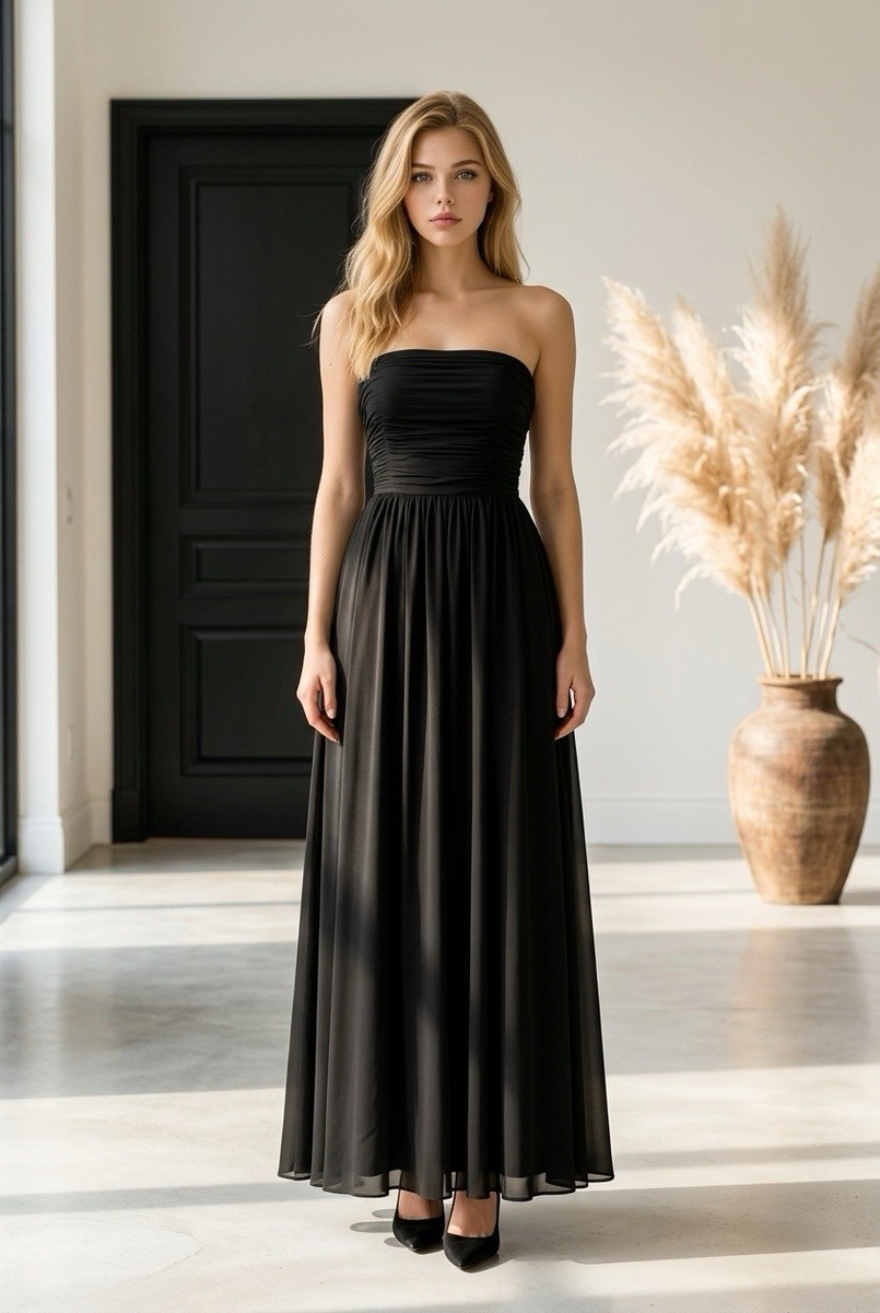 black strapless chiffon dress Shein Women’s Maxi Ruched Pleated Zip S SCV020832_G_XL Black Criss-Cross Halter Dress Size:30W28L Fabric is very stretchy