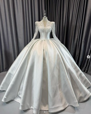 Exquisite Wedding Dresses Long Lace Sleeves V Neck Satin Ball Bridal Gowns