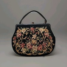 Vintage Needlepoint Floral Tapestry Large Frame Purse Handbag Top Clasp