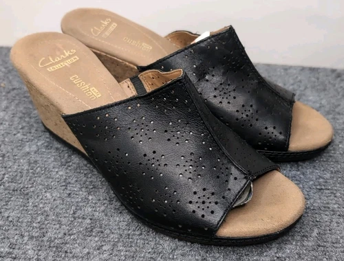 Clarks Narrative Helio Corridor sandalo donna punta aperta pelle nero zeppa taglia 8