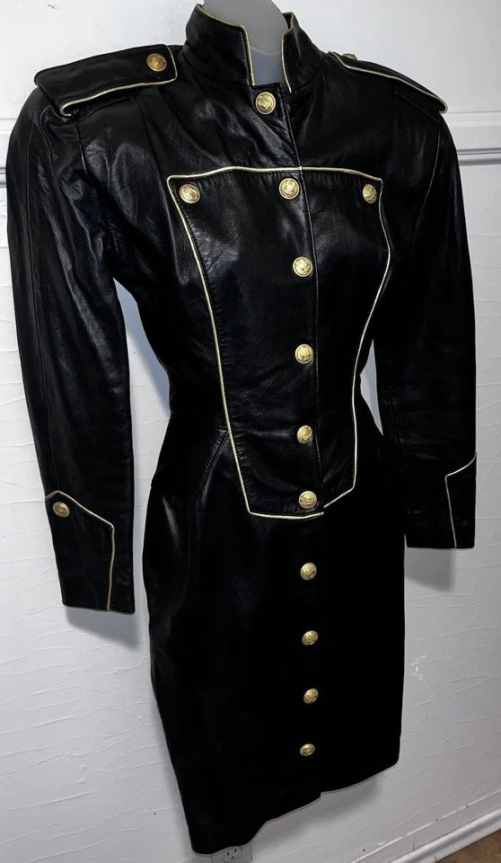 复古 80 年代 Michael Hoban 适用于北海滩羊皮军用风格连衣裙 XS — 第 4/4 张图片