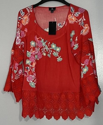 Curations Red Floral Peasant Crochet Hem Boho Tunic Top SZ XL Vacation Gift Sale