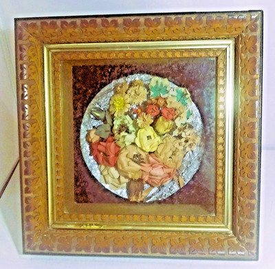 Vintage 3D Shadow Box Wood Frame, Very Deep, Silk Floral Bouquet, 1940's w Glass